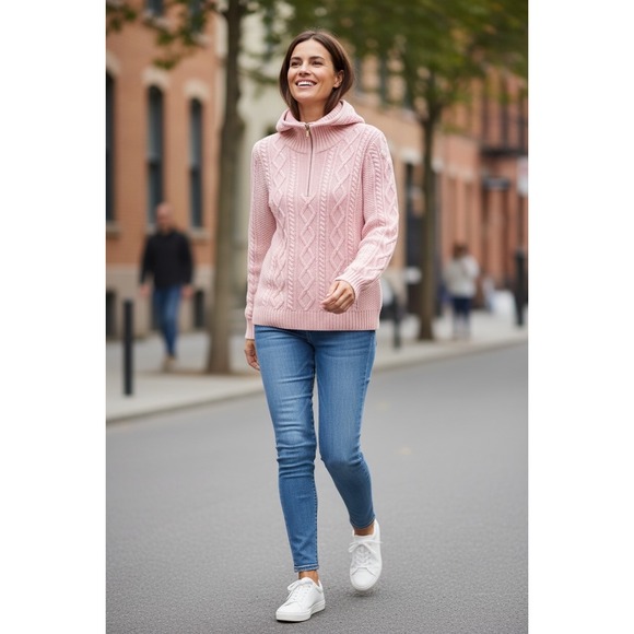 Lauren Ralph Lauren Sweaters - Lauren Ralph Lauren Petite Pink Cable Knit 1/4 Zip‎ Cotton Sweater P/P Small